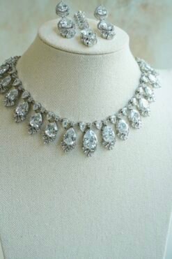 Sophie AD necklace set in silver finish with matching earrings and tikka, South Asian festive jewelry