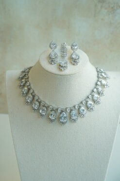 Sophie AD necklace set in silver finish with matching earrings and tikka, South Asian festive jewelry