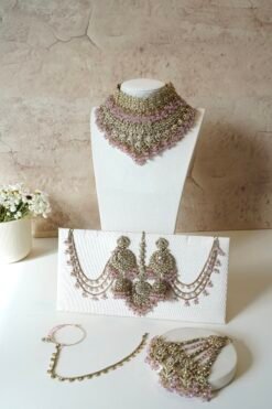 Aafreen double layer bridal necklace set with choker, V-shaped necklace, jhumar, and maang tikka