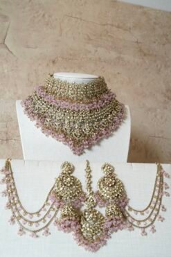 Aafreen double layer bridal necklace set with choker, V-shaped necklace, jhumar, and maang tikka
