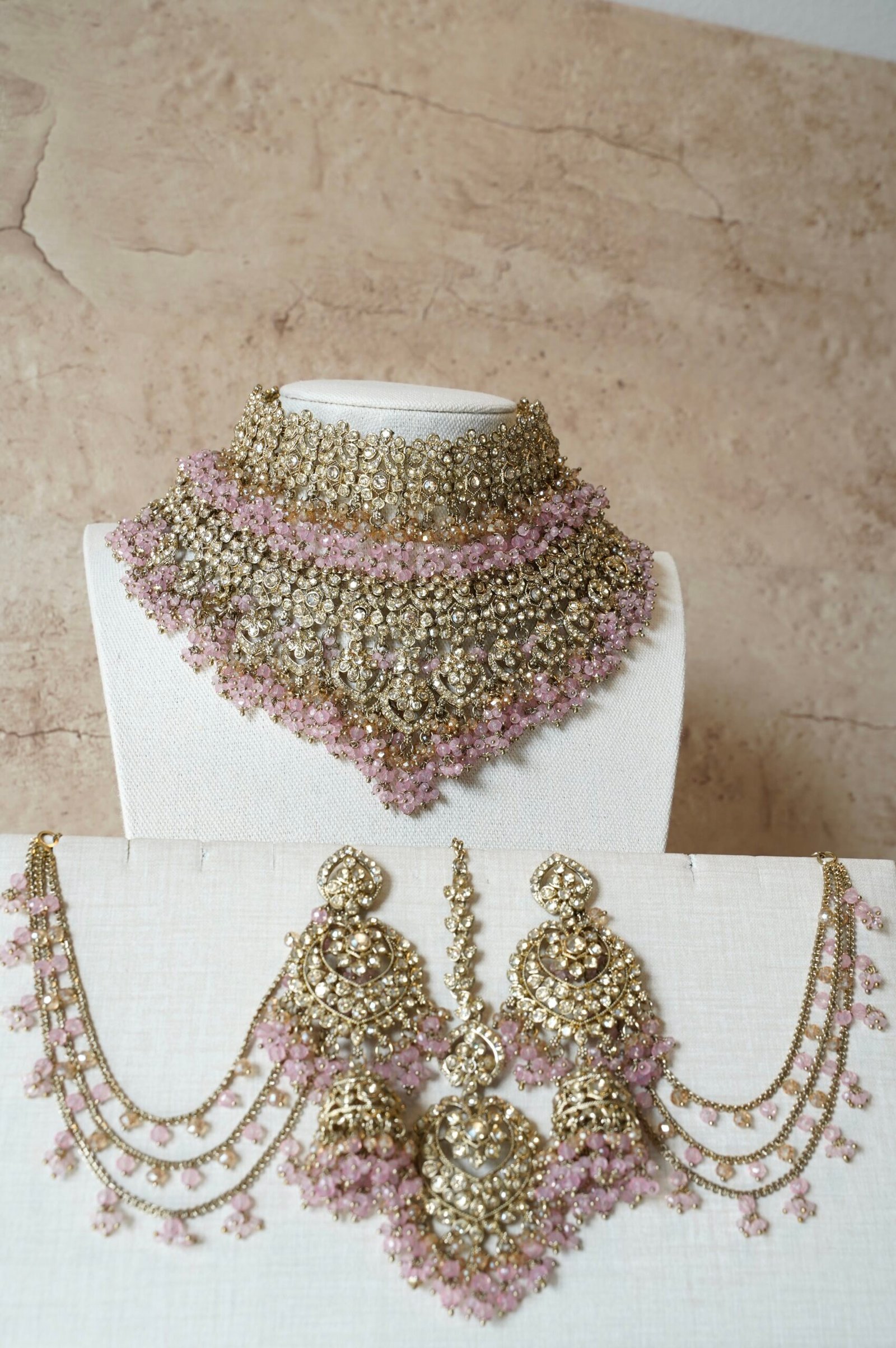 Aafreen double layer bridal necklace set with choker, V-shaped necklace, jhumar, and maang tikka