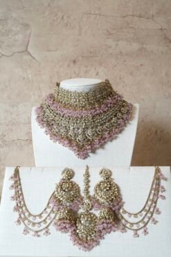 Aafreen double layer bridal necklace set with choker, V-shaped necklace, jhumar, and maang tikka
