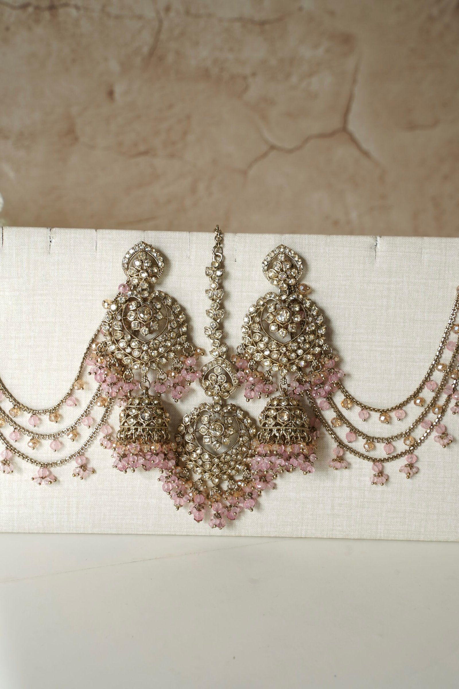 Aafreen double layer bridal necklace set with choker, V-shaped necklace, jhumar, and maang tikka