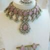 Amyra Choker Necklace Set - antique gold choker with pink stone work, mint accents, tikka, and jhumka earrings