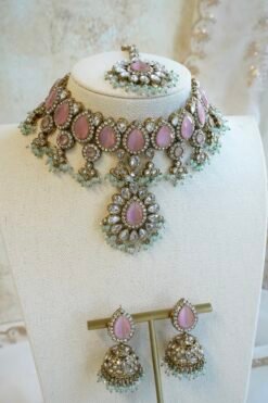 Amyra Choker Necklace Set - antique gold choker with pink stone work, mint accents, tikka, and jhumka earrings