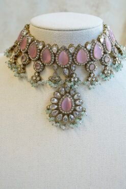 Amyra Choker Necklace Set - antique gold choker with pink stone work, mint accents, tikka, and jhumka earrings