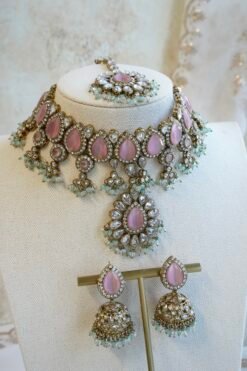 Amyra Choker Necklace Set - antique gold choker with pink stone work, mint accents, tikka, and jhumka earrings