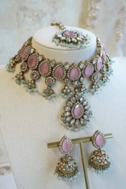 Amyra Choker Necklace Set - antique gold choker with pink stone work, mint accents, tikka, and jhumka earrings