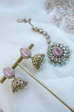 Amyra Choker Necklace Set - antique gold choker with pink stone work, mint accents, tikka, and jhumka earrings