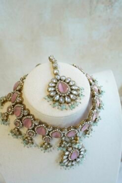 Amyra Choker Necklace Set - antique gold choker with pink stone work, mint accents, tikka, and jhumka earrings