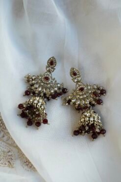 Maroon and antique champagne Arisha necklace set with matching earrings and maang tikka