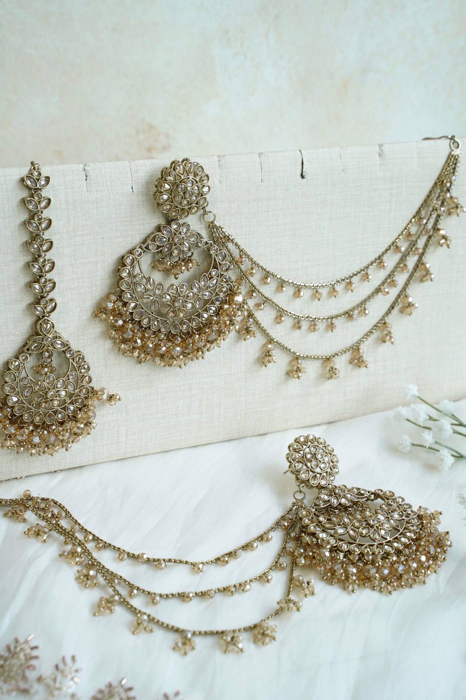 Champagne crystal chandbali sahara earrings with matching tikka