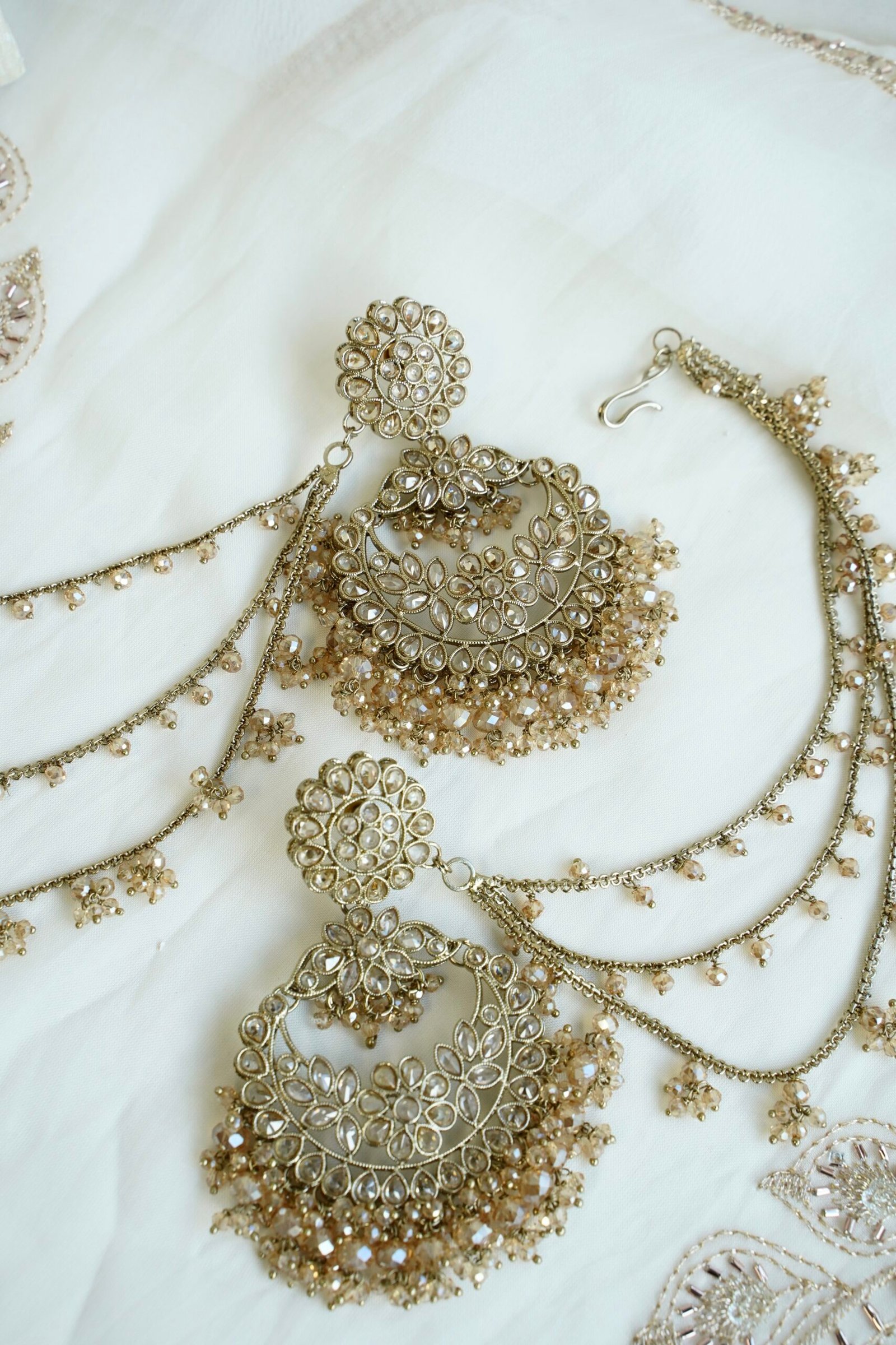 Champagne crystal chandbali sahara earrings with matching tikka