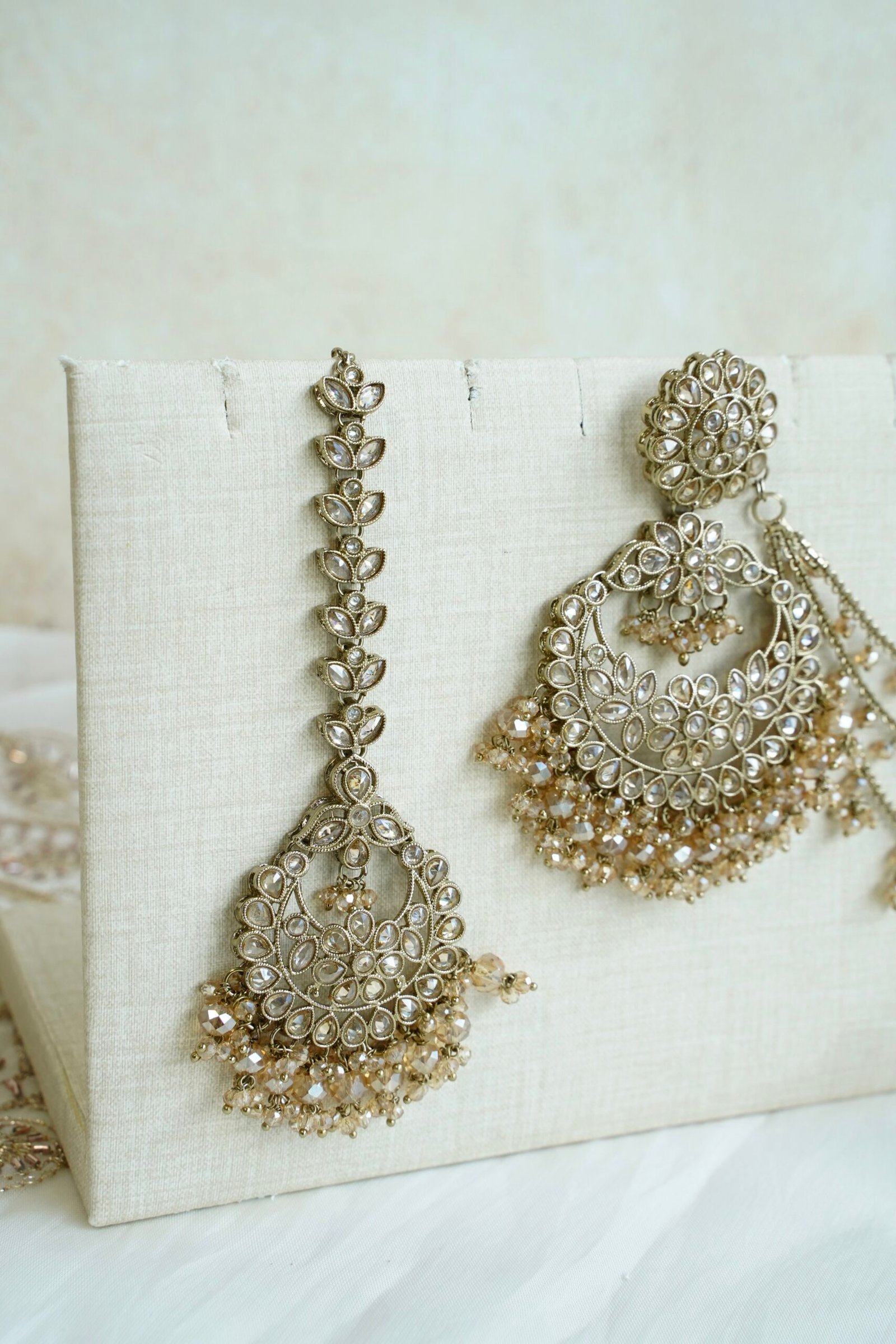 Champagne crystal chandbali sahara earrings with matching tikka