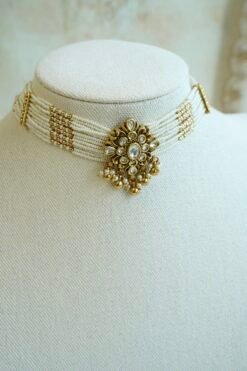 Floral Kundan Choker Set - floral kundan pendant on a multi-strand pearl choker with matching floral earrings