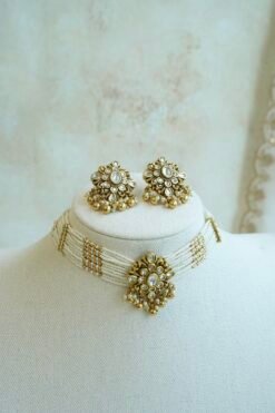 Floral Kundan Choker Set - floral kundan pendant on a multi-strand pearl choker with matching floral earrings