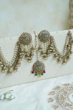 Antique gold Floral Sahara earrings and tikka with pastel stones and pearls