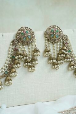 mehndi jewelry Antique gold Floral Sahara earrings and tikka with pastel stones and pearls