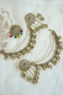 mehndi jewelry Antique gold Floral Sahara earrings and tikka with pastel stones and pearls