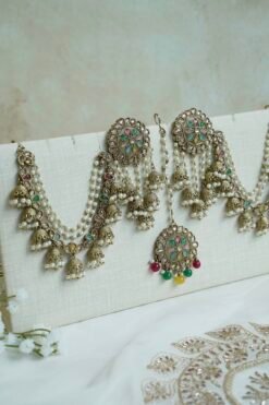 mehndi jewelry Antique gold Floral Sahara earrings and tikka with pastel stones and pearls