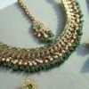 Heer Emerald Pink Necklace Set - antique gold necklace with emerald and pink stones, pearl bead drops, jhumka earrings, and tikka
