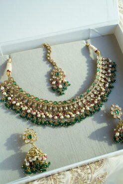 Heer Emerald Pink Necklace Set - antique gold necklace with emerald and pink stones, pearl bead drops, jhumka earrings, and tikka