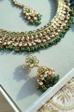 Heer Emerald Pink Necklace Set - antique gold necklace with emerald and pink stones, pearl bead drops, jhumka earrings, and tikka