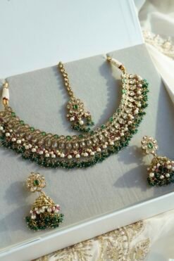 Heer Emerald Pink Necklace Set - antique gold necklace with emerald and pink stones, pearl bead drops, jhumka earrings, and tikka