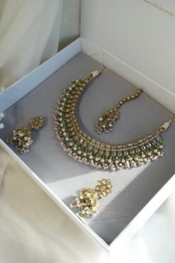 Antique gold Heer necklace set with pastel mint and pink stones, pearl and crystal drops