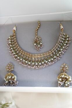 Antique gold Heer necklace set with pastel mint and pink stones, pearl and crystal drops