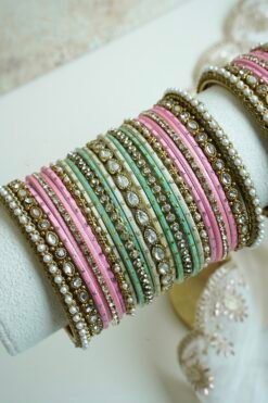 Kundan Pastel Bangle Set - antique gold bangles with kundan stones, pearl trim, and mint and pink accents