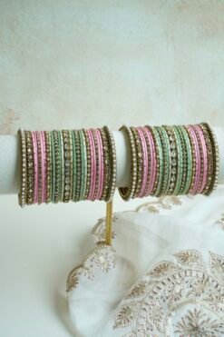 Kundan Pastel Bangle Set - antique gold bangles with kundan stones, pearl trim, and mint and pink accents