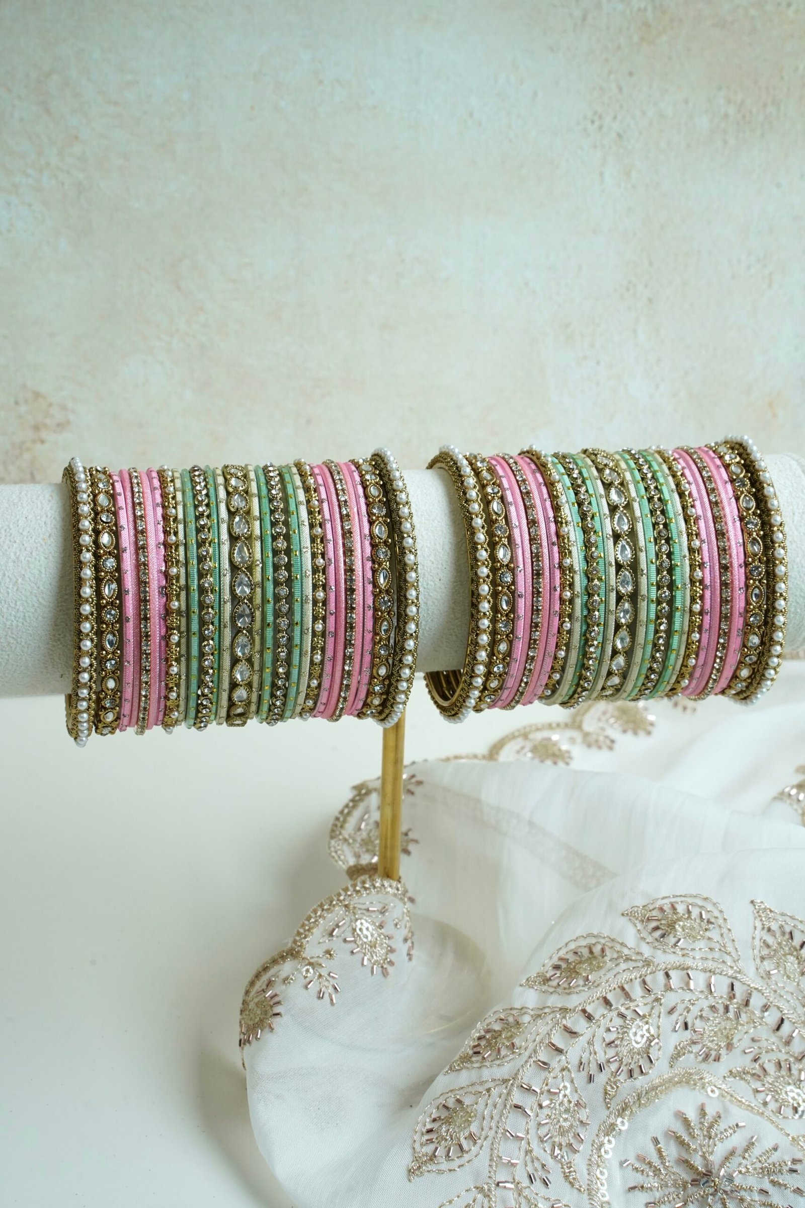 Kundan Pastel Bangle Set - antique gold bangles with kundan stones, pearl trim, and mint and pink accents