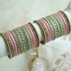 Kundan Pastel Bangle Set - antique gold bangles with kundan stones, pearl trim, and mint and pink accents
