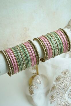 Kundan Pastel Bangle Set - antique gold bangles with kundan stones, pearl trim, and mint and pink accents