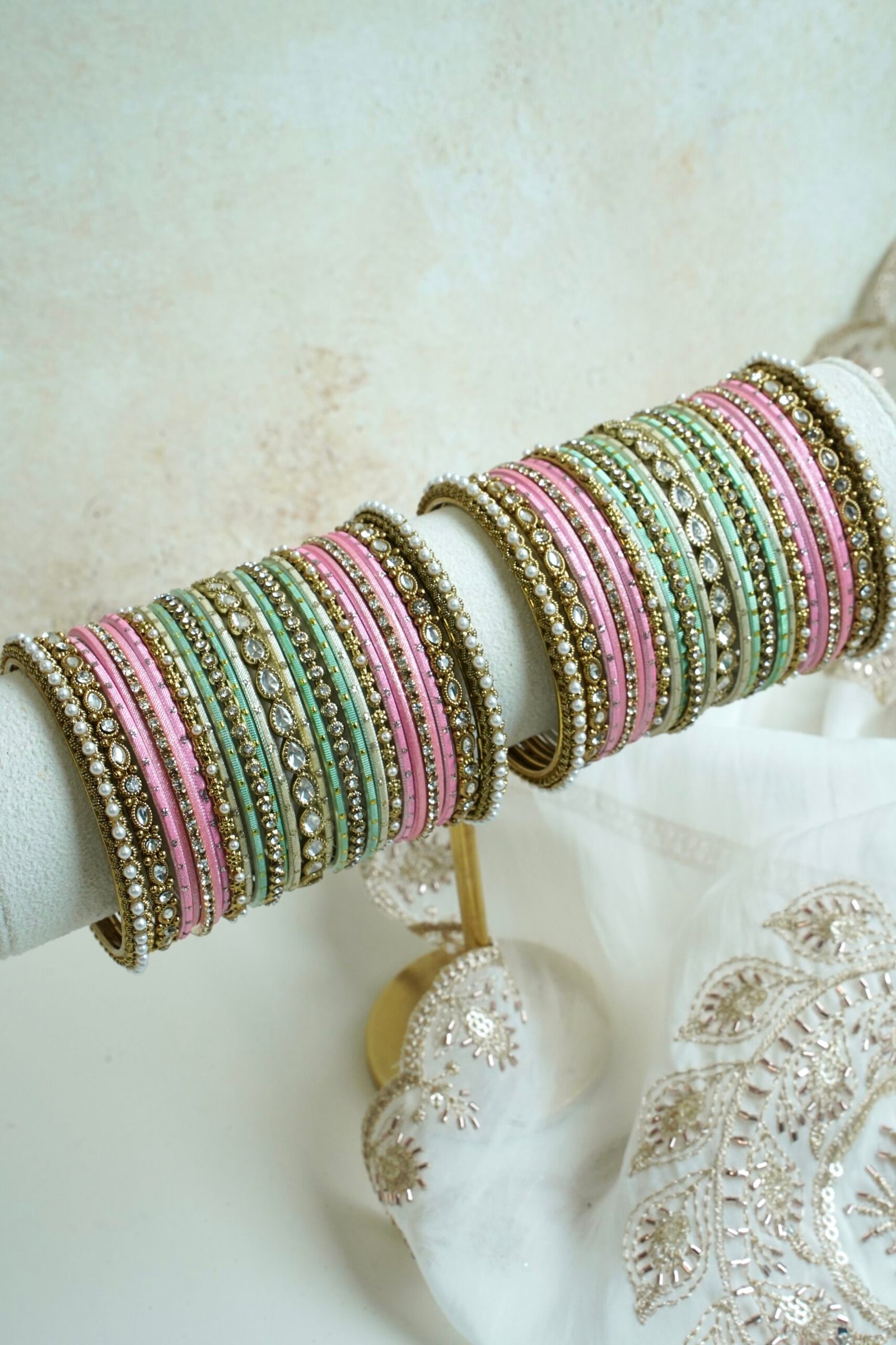 Kundan Pastel Bangle Set - antique gold bangles with kundan stones, pearl trim, and mint and pink accents