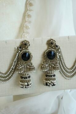 sahara earrings, black jhumka earrings, antique gold earrings, champagne jewelry, statement earrings, indian bridal earrings, south asian jewelry, festive earrings, long dangle earrings, pearl drop earrings, black stone jewelry, ear chain earrings, desi jewelry earrings, indian ethnic earrings, bridal sahara earrings, gold pearl earrings