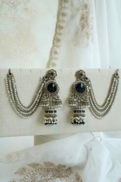 sahara earrings, black jhumka earrings, antique gold earrings, champagne jewelry, statement earrings, indian bridal earrings, south asian jewelry, festive earrings, long dangle earrings, pearl drop earrings, black stone jewelry, ear chain earrings, desi jewelry earrings, indian ethnic earrings, bridal sahara earrings, gold pearl earrings