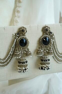 sahara earrings, black jhumka earrings, antique gold earrings, champagne jewelry, statement earrings, indian bridal earrings, south asian jewelry, festive earrings, long dangle earrings, pearl drop earrings, black stone jewelry, ear chain earrings, desi jewelry earrings, indian ethnic earrings, bridal sahara earrings, gold pearl earrings