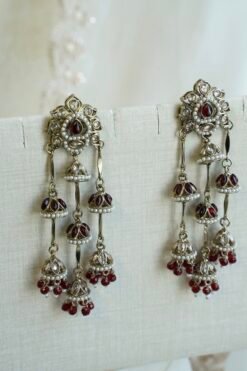 Maroon antique gold layered jhumka drop earrings with pearl detailing