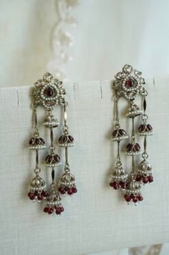 Maroon antique gold layered jhumka drop earrings with pearl detailing