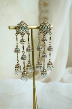 Layered Jhumka Drop Earrings in mint and pink - antique gold-toned tiered jhumka earrings with pearl trim and kundan-style tops