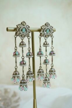 Layered Jhumka Drop Earrings - Mint Pink