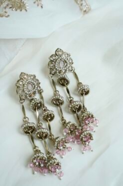 Layered Jhumka Drop Earrings in pink with pearl detailing and antique gold-toned finish