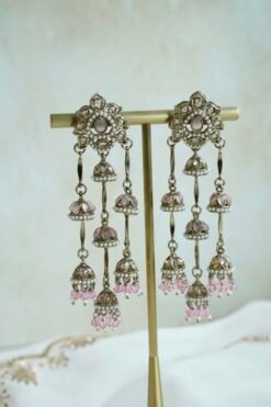 Layered Jhumka Drop Earrings in pink with pearl detailing and antique gold-toned finish
