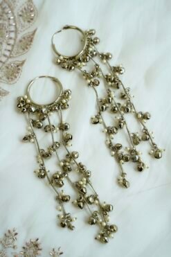 Long Kashmiri earrings with pearl beading and silver-toned bell charms