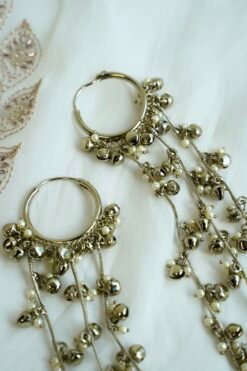Long Kashmiri earrings with pearl beading and silver-toned bell charms