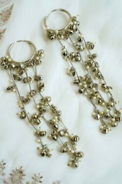 Long Kashmiri earrings with pearl beading and silver-toned bell charms