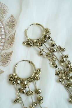 Long Kashmiri earrings with pearl beading and silver-toned bell charms