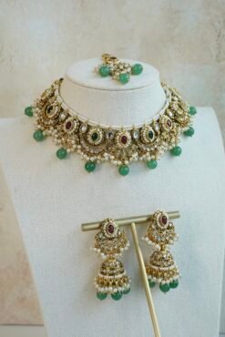 Mahnoor ruby and green artificial kundan jewelry set with choker necklace, jhumka earrings, and tikka